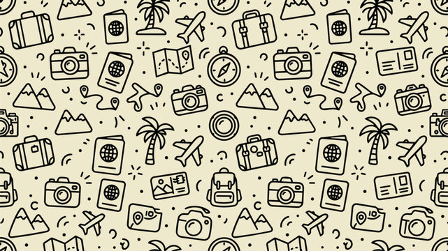 Seamless travel pattern with outline icons of suitcase, camera, passport, airplane, palm tree, and mountains on light beige background. Vector doodle background for tourism.