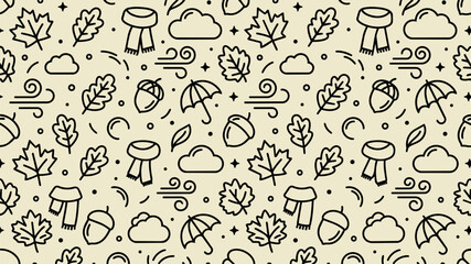 Obraz premium Minimalist Autumn Seamless Pattern with Line Art Icons of Maple Leaves, Acorns, Scarves, Umbrellas, and Clouds on Cream Background