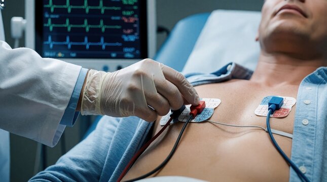 Doctor places ECG electrodes on male chest for heart check. Vital signs monitor shows heartbeat rhythm. Patient lies in bed for cardiology exam.