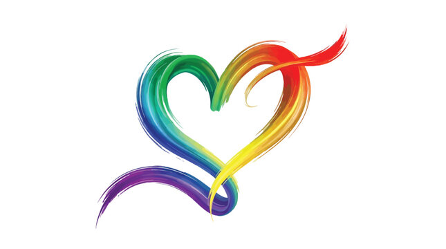 Vibrant rainbow heart shape created with flowing digital brush strokes featuring bright colors and elegant curves on white clean background