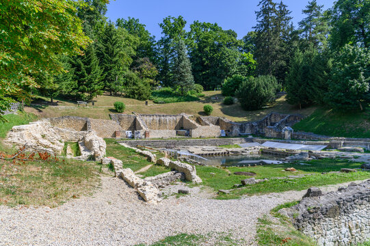 Excavated Roman thermal baths of Aquae Iasae with the ancient bathing pool, Varazdinske Toplice, Croatia