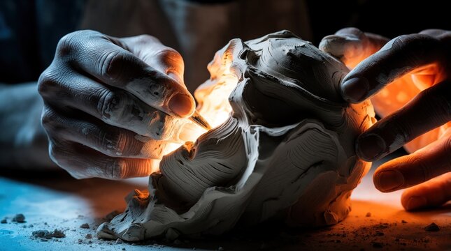 Close up of artist hands sculpting wet clay sculpture. Creative process shows hands molding ceramic shape with warm glowing light. Skilled person uses tools for fine art craft, pottery making in dark