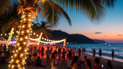 Naklejka premium Palm tree wrapped in lights hosts beach party at dusk. Blurred crowd enjoys ocean shore, summer vacation vibes, festive string illumination, and warm tropical evening atmosphere.
