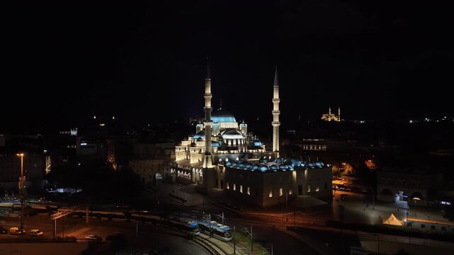 Istanbul Turkey Night Aerial View of New Mosque and Historic Old City