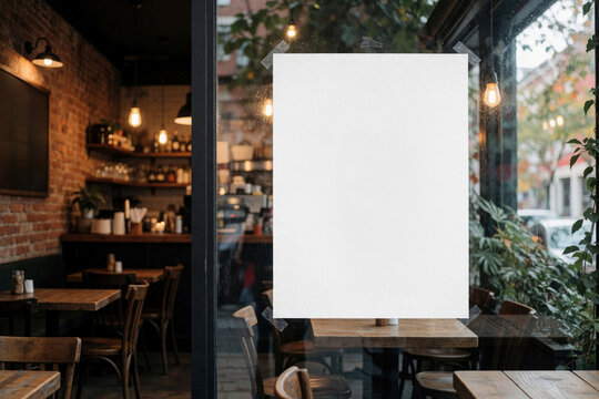 Empty white poster taped to cafe window displays menu or announcement. Restaurant interior visible through glass with tables chairs. Outdoor street view.