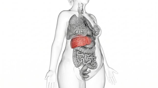 Obese Woman Anatomy With Highlighted Liver and Organs