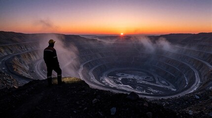 Obraz premium Silhouette of male miner in hard hat stands on edge of massive open pit mine. Industrial landscape shows huge excavated quarry during golden sunrise. Worker looks at vast mining site with heavy