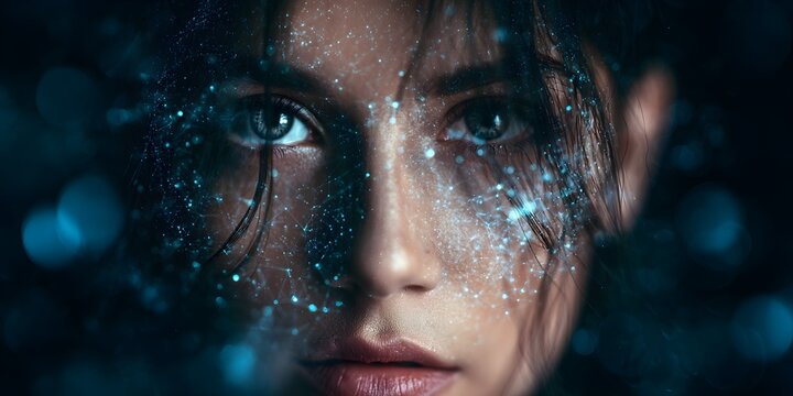 Mysterious young woman with intense gaze surrounded by swirling digital blue particles and glowing ethereal light textures in dark space