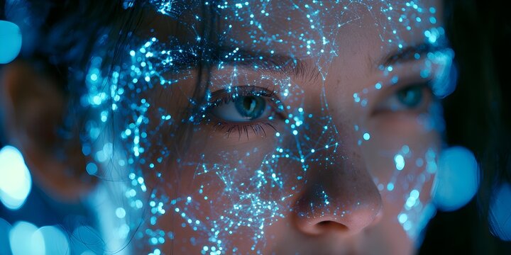 Digital woman portrait featuring glowing blue neural network patterns mapped across her face in a cinematic and futuristic lighting style