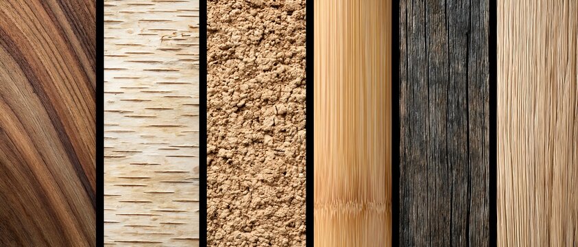 Set of natural wood textures including walnut birch cork bamboo charred timber and oak.