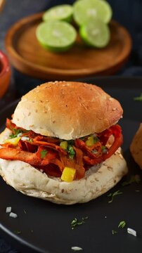 Mexican style pork sandwich with vibrant toppings and fresh limes