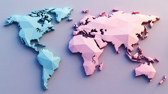 Stylized low poly world map with pastel continents. Geometric earth illustration in blue and pink tones. Abstract globe graphic on plain background for design.