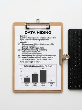 Data Hiding Techniques Presented On A Clipboard With A Keyboard In The Background