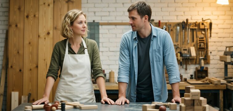 Couple collaborating on handmade business in a cozy workshop setting with wooden toys.