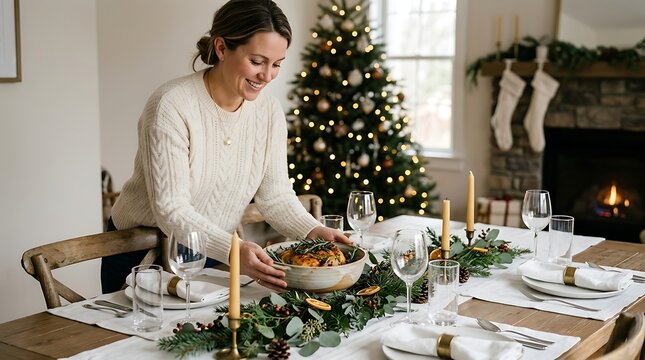 A woman in a sweater placing a bowl of roasted food on a christmas dining table with decorated seasonal greenery greenery candles front roasted poultry
