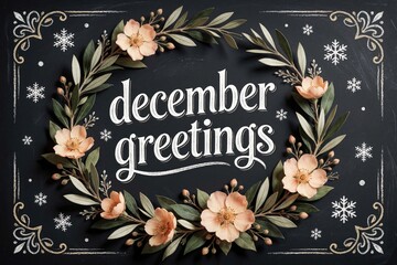 Naklejka premium December greetings written on dark chalkboard with floral wreath and snowflakes. Elegant chalk art with botanical elements and winter theme.