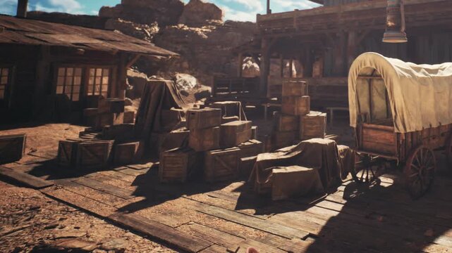 Wooden crates are piled near a wagon in a western town. The sun shines on the rugged ground. This scene shows a rustic setting with buildings in the background.