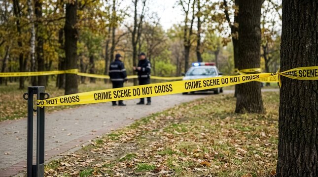 Crime Scene Investigation Yellow Tape With Police Officers At A Park