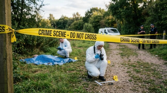Crime Scene Investigation Outdoors With Forensic Experts and Yellow Tape