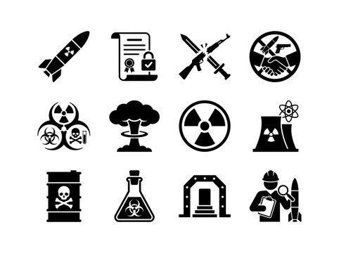 Nuclear and weapons icon set. Flat duotone symbols for nuclear warhead, arms control, disarmament, weapons treaty, WMD. Geopolitics vector illustration.