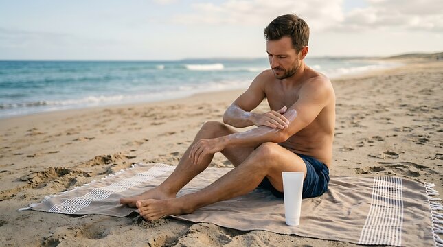 A shirtless man sitting on a towel on the beach applying sunscreen to his arm with white sunscreen lotion towel spread across sand beach with arm bottle cream