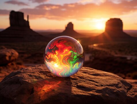 Vibrant colorful glass sphere sits on desert rock. Glowing orb reflects bright sunrise light in Monument Valley landscape. Abstract rainbow orb rests on stone surface during golden hour. Surreal