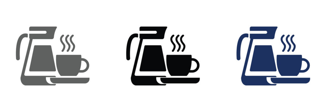 Coffee maker and steaming mug icons set in monochrome colors for cafe menu and breakfast beverage branding.