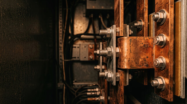 Heavy copper busbars and steel bolts in electrical panel