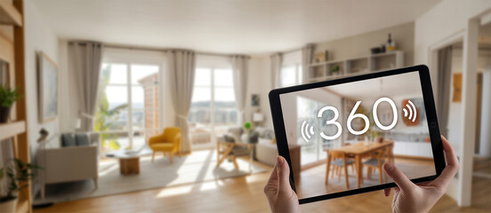 Interactive virtual reality house tour system showing modern interior design on tablet. © Prashanto Art's