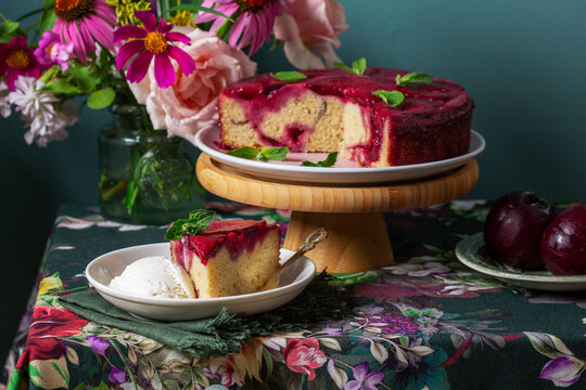 Plum Cake Served with Vanilla Ice Cream and Fresh Plums