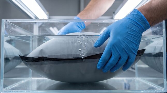 Hands in blue gloves submerging a flexible container in a clear tank of water, demonstrating a scientific experiment or industrial process.