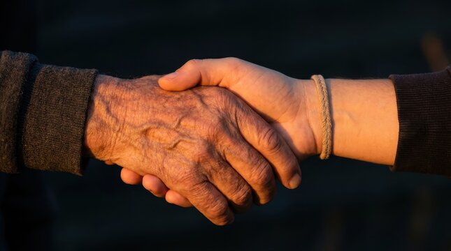 Two people shaking hands, symbolizing agreement, partnership, and trust between generations.