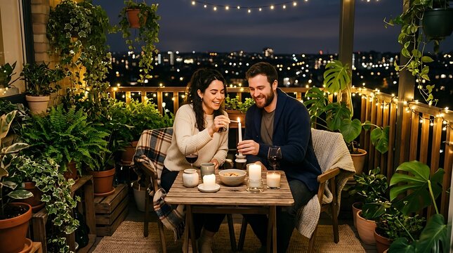A happy couple enjoys a romantic candlelit dinner on a cozy balcony at night time with skyline glowing background lighting candle together plant filled balcony