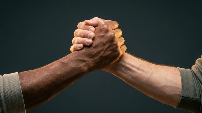 Two hands, one black and one white, clasped together in a strong, symbolic handshake, representing unity and diversity.