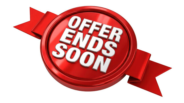Red circular badge with ribbon banner and white text reading offer ends soon isolated on transparent background