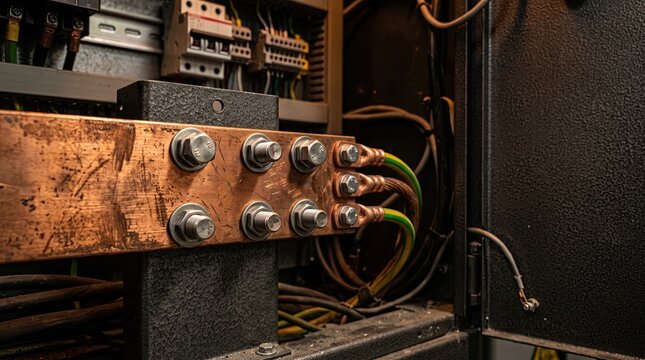 Grounding cables connected to copper busbar in electrical cabinet