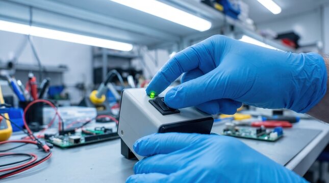 Engineer's hands in blue gloves testing electronic device in a laboratory environment, focusing on precision and technology.