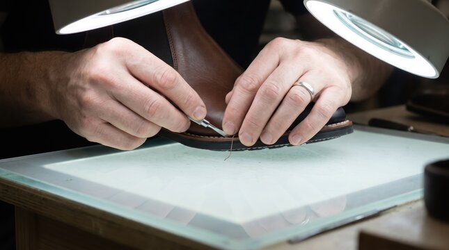 Close-up of a shoemaker's hands stitching a leather shoe in a workshop under bright lamps, showcasing traditional craftsmanship and attention to detail.