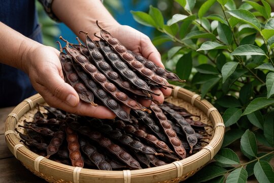 Hands hold dry Acacia concinna soap pods over bamboo basket. Natural herbal remedy for hair care and skin cleansing. Traditional plant ingredients used in Asia.