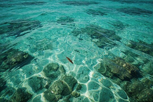Small water strider insect walks on surface of clear turquoise sea. Rippled ocean water shows coral reefs, rocks underneath. Tropical Caribbean beach background with bright aquamarine liquid. Nature