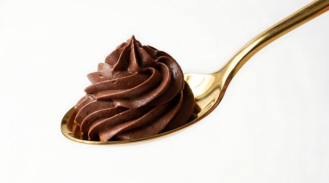 Chocolate mousse on a gold spoon isolated on white background