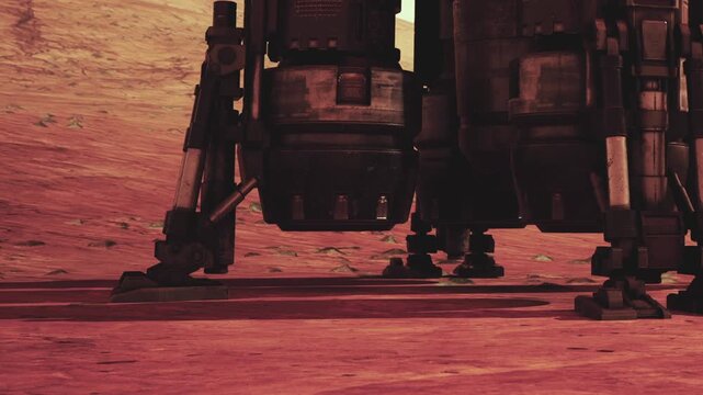 A robot is set on the ground of a red planet. It is part of an exploration mission. The atmosphere shows a dusty landscape with rocks and minerals present.