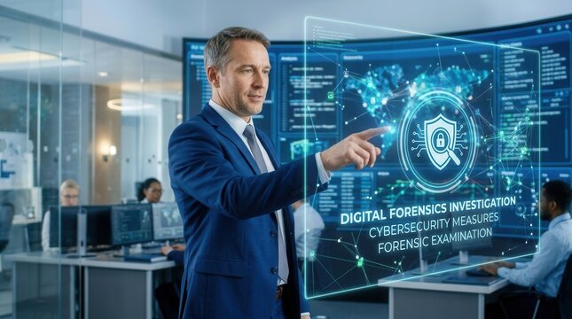 Digital Forensics Expert Interacting With Futuristic Cybersecurity Interface