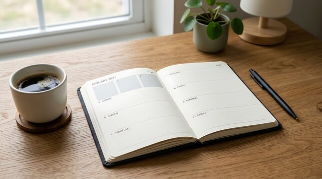 Open planner on a wooden desk with a cup of coffee and a small potted plant near a window with weekly planner january desk beside ceramic january 2027 rests
