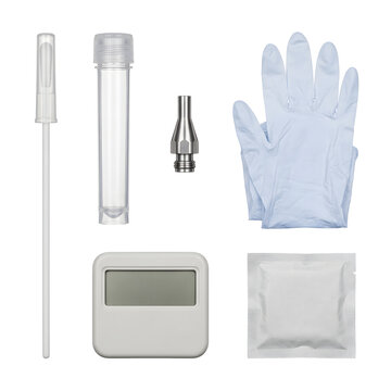Medical specimen collection kit with gloves tubes swab and digital reader on a transparent background for medical education, wellness campaigns, editorial layouts, web content, and social media