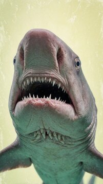 Goblin opens mouth showing sharp teeth. Deep sea fish with strange appearance looks surprised underwater. Pinkish predator with protruding snout swims in ocean.