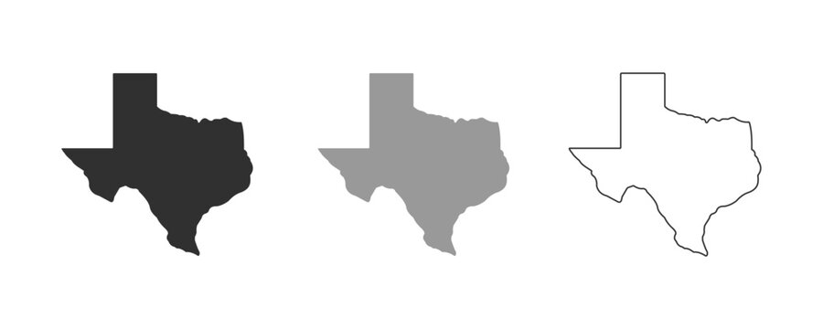 Texas map icon vector. Three variations of the Texas map icon display the state&rsquo;s shape in black, gray, and white.