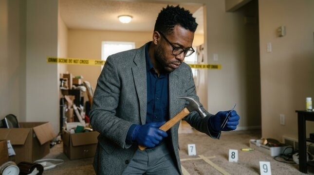 Detective Investigating A Crime Scene With Tools And Evidence Markers Inside