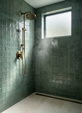 Sage Zellige Tile Walk In Shower With Brass Rain Fixture for Interior Design