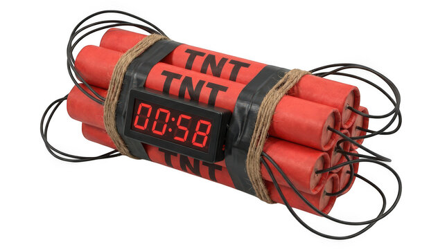 Dynamite sticks explosive device with digital timer countdown isolated on transparent background